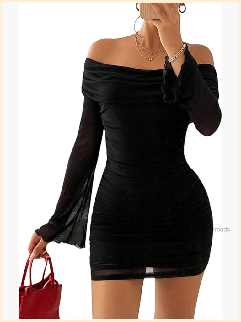 Ruched Mesh Off Shoulder Bodycon Mini Dress Long Bell Sleeve